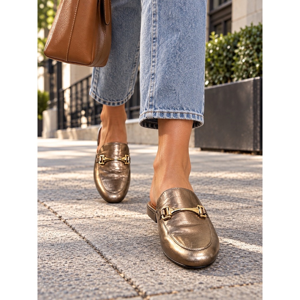 Carrano Womens Metallic Bronze Leather Horsebit Loafer Mules Flat Slides Gold